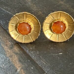 Vintage Hand Crafted Signed Mary McFadden Clip On Gold Tone Carnelian Earrings
